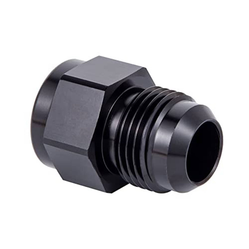 Black 10AN female to 8AN male flare reducer adapter, hex body, threaded ends