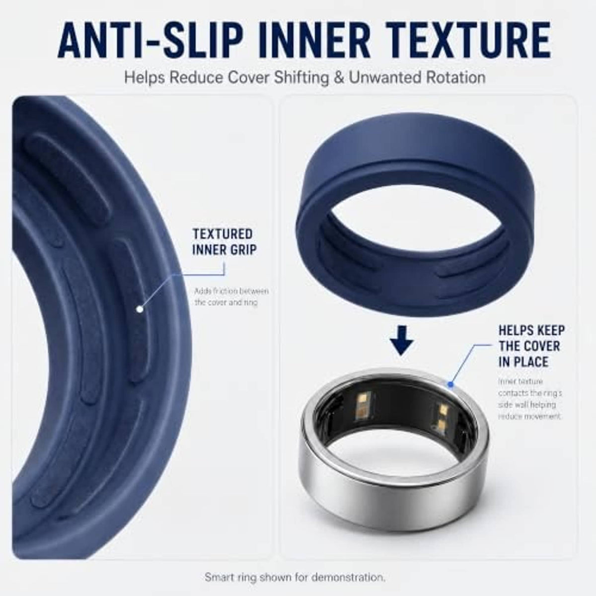 Navy silicone ring cover with textured inner grip, shown next to a silver ring.
