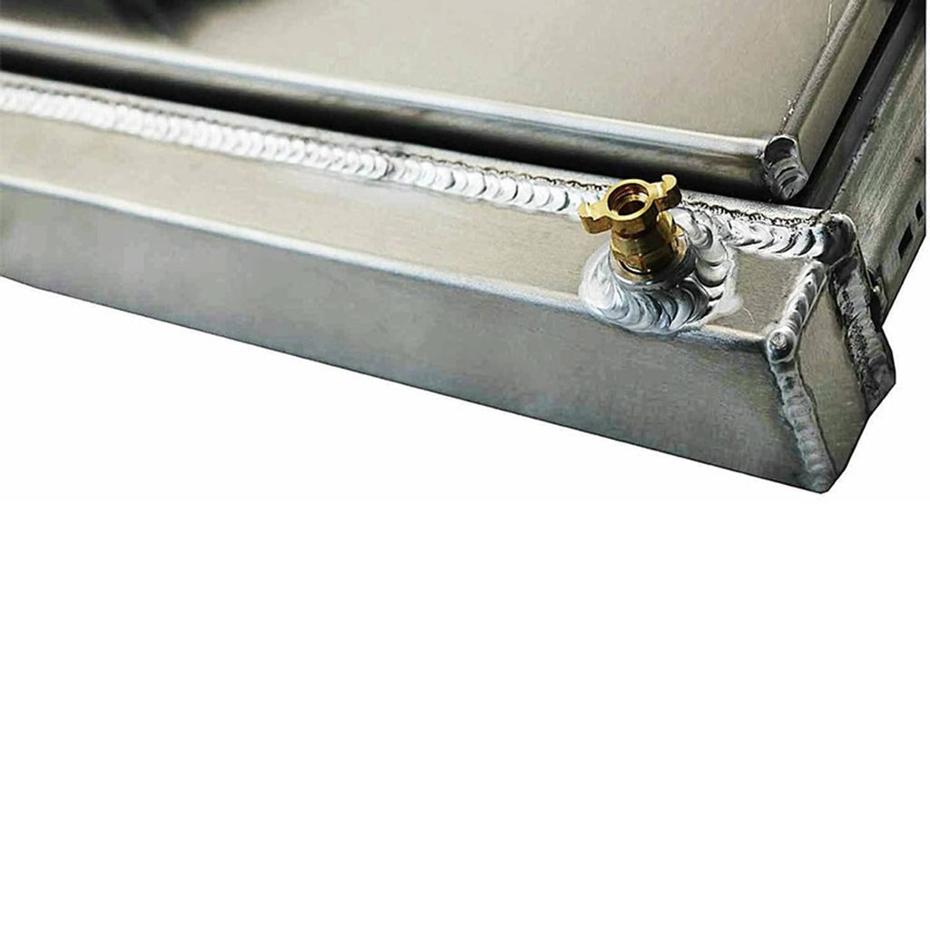 Radiator shroud fitting with brass spigot and threaded ports on metal frame