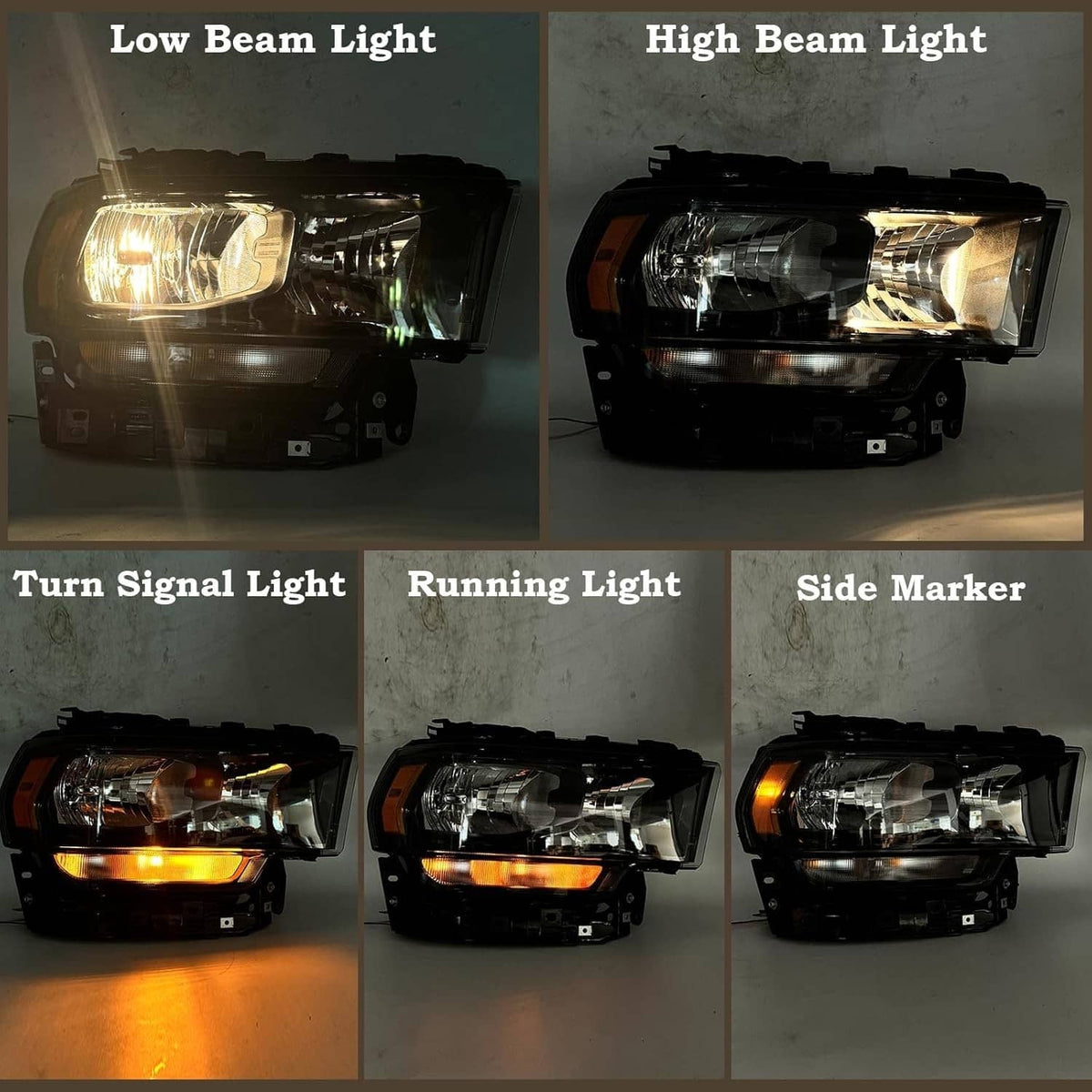 Right halogen headlight light modes: low beam, high beam, turn signal, side marker