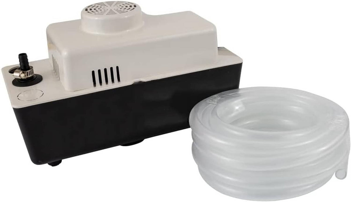Automatic condensate pump unit with vented white housing and clear discharge hose
