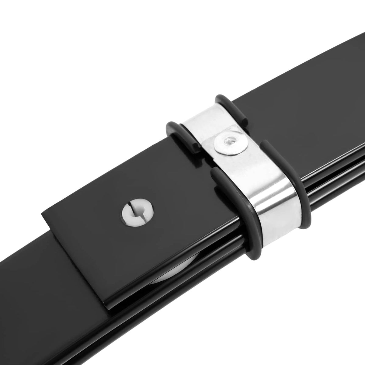 Close-up of black leaf spring bracket with silver clamp band and mounting bolt holes