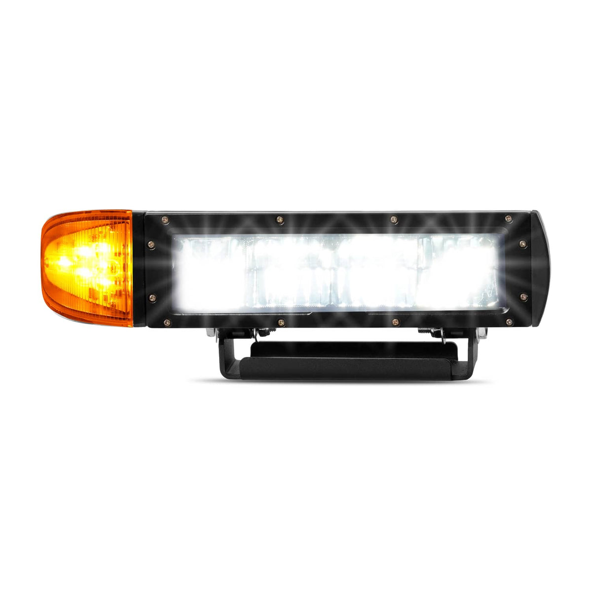 Heated LED plow light bar with black housing, amber side marker, and clear lens