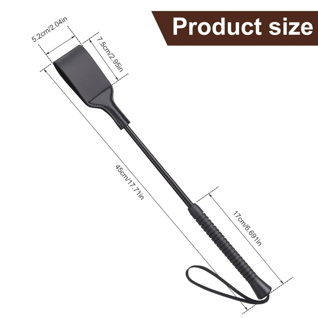 Black riding crop with leather cuff, coiled grip, and 18 in length shown