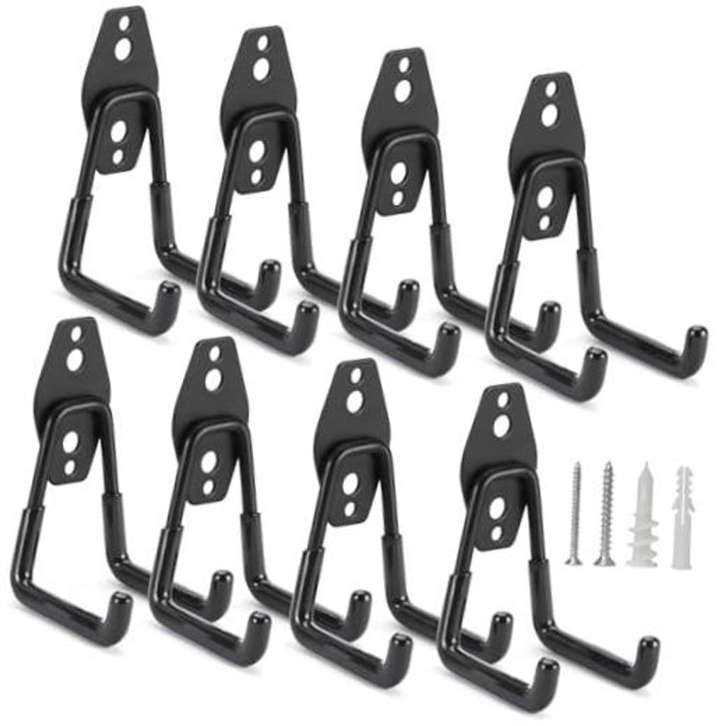 Black metal U hooks set of 8 with mounting screws, heavy-duty garage organizer