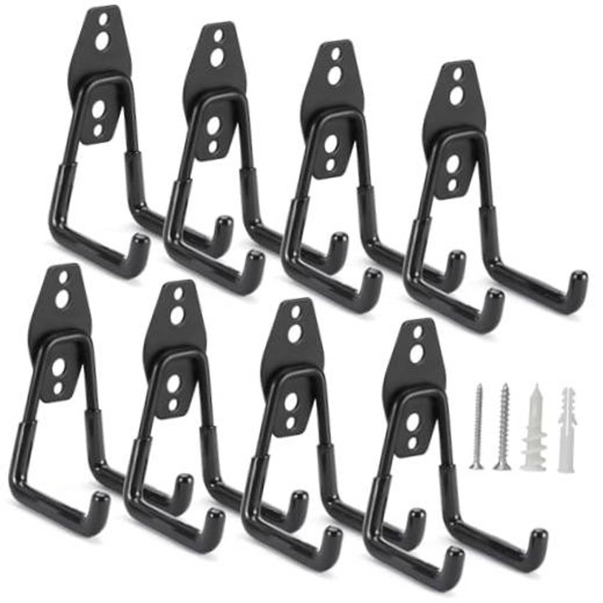 Black metal U hooks set of 8 with mounting screws, heavy-duty garage organizer