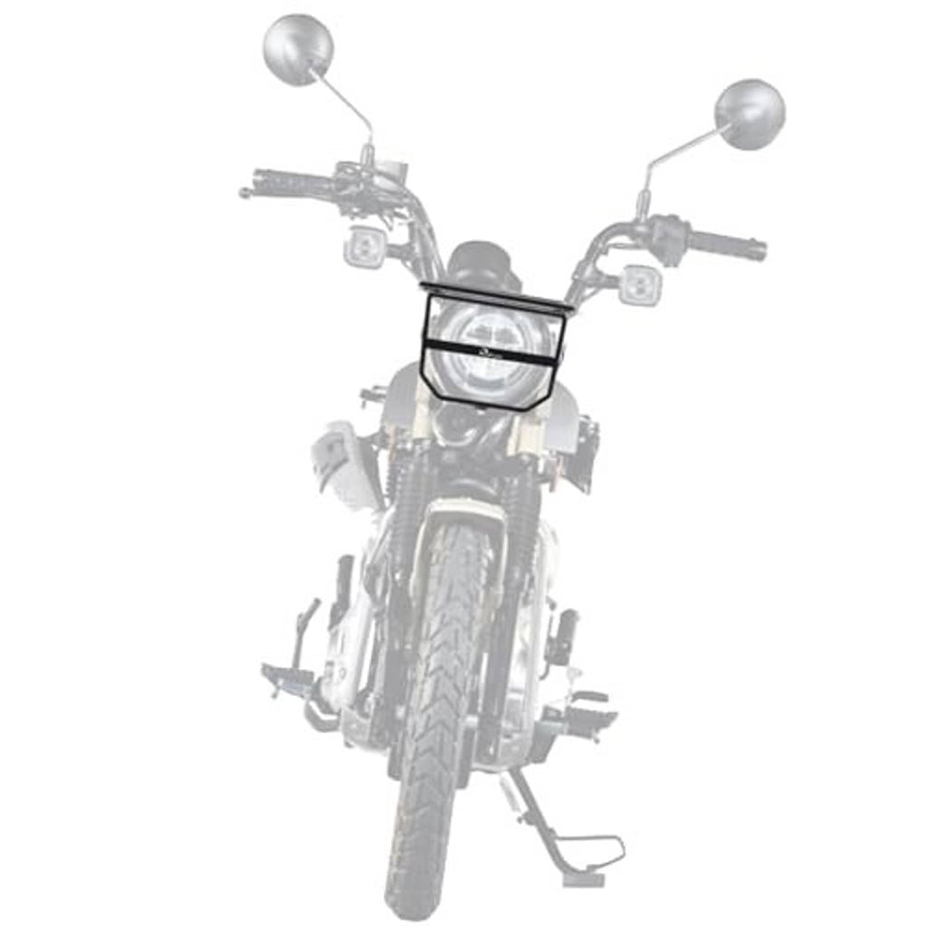 Mounted motorcycle front luggage rack bracket with headlight guard over the headlight