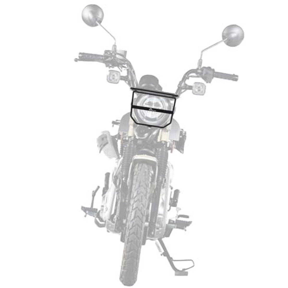 Mounted motorcycle front luggage rack bracket with headlight guard over the headlight
