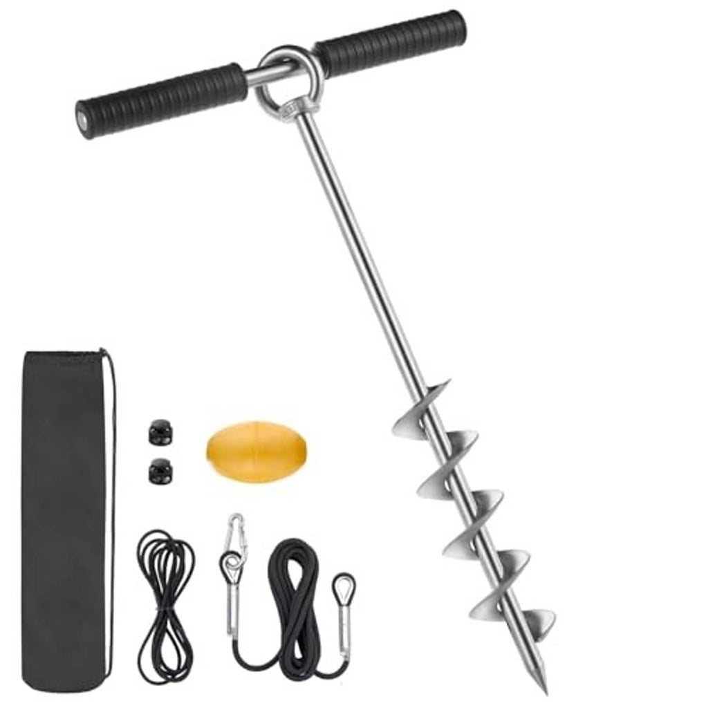 Stainless screw sand anchor with spiral stake, black case, and rope-and-hook accessories