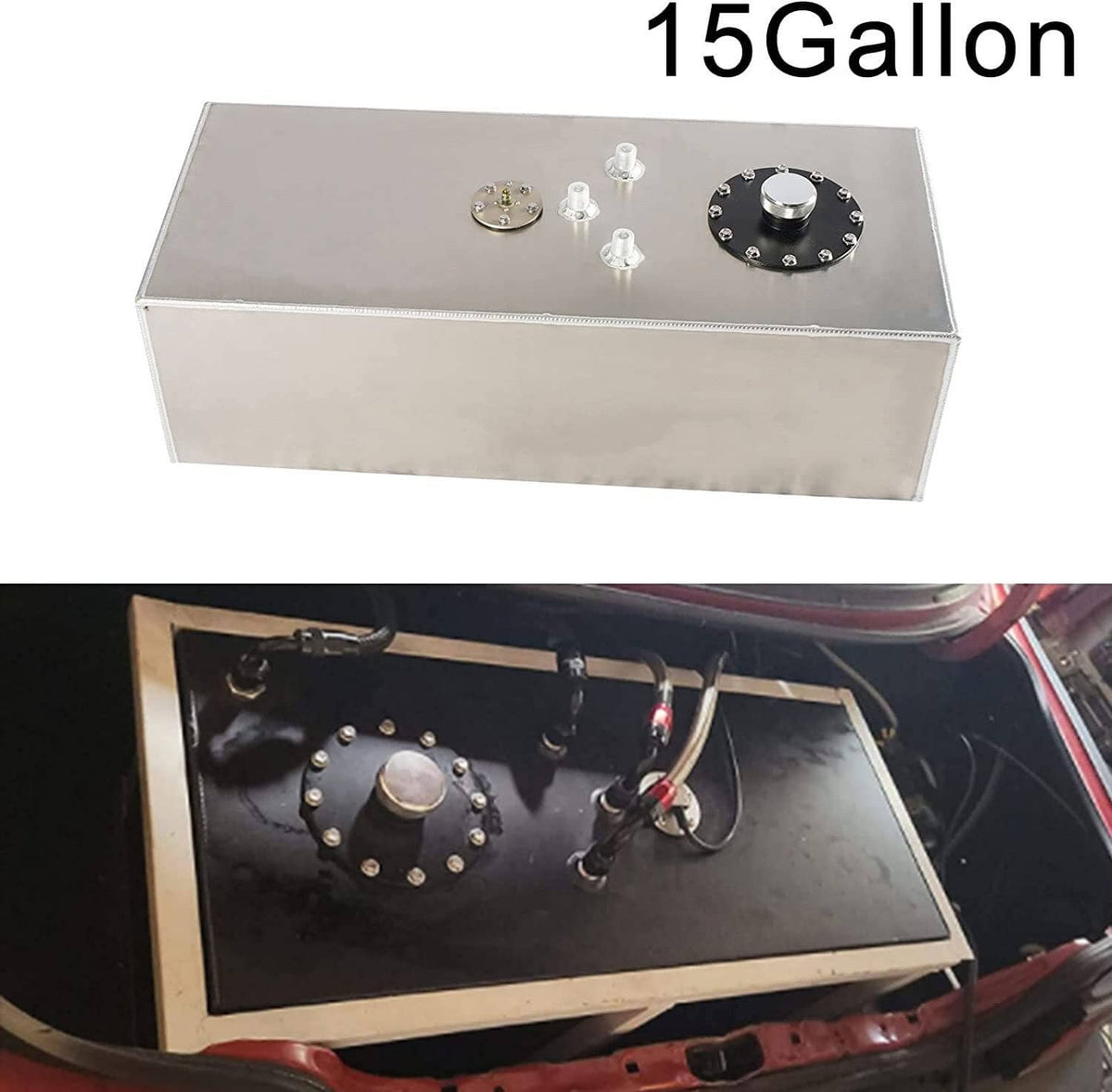 Silver fuel cell tank installation view with mounting hardware and sender parts
