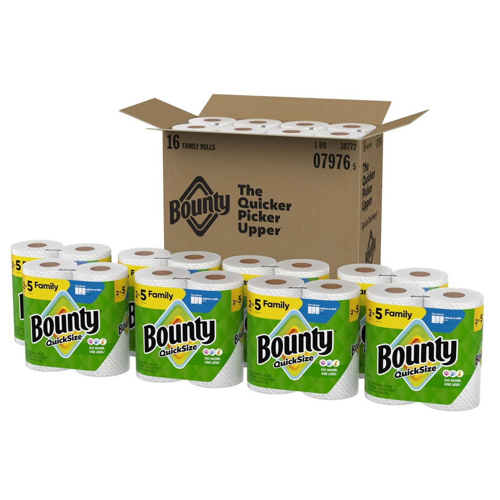 Bounty Quick Size paper towel rolls with open cardboard box, white cores