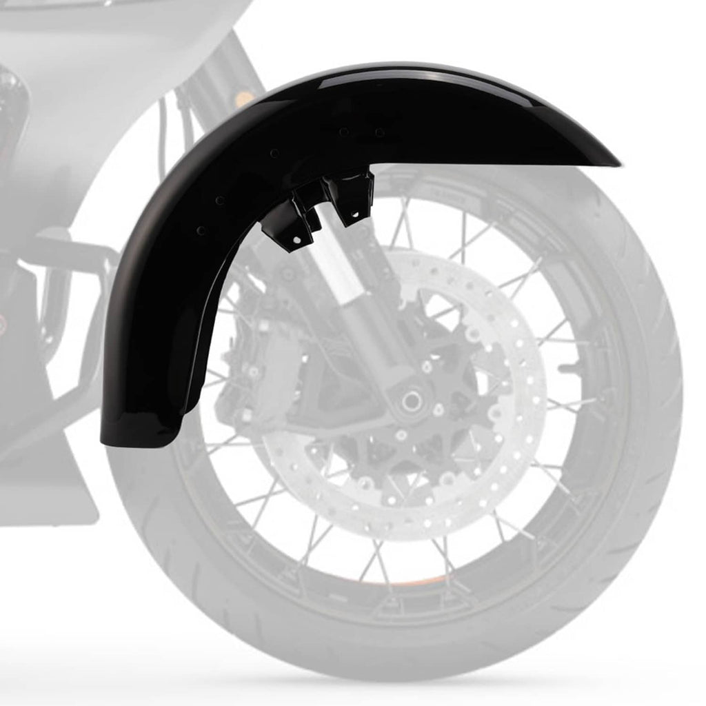Vivid black front fender with curved coverage over the front wheel and brake rotor area