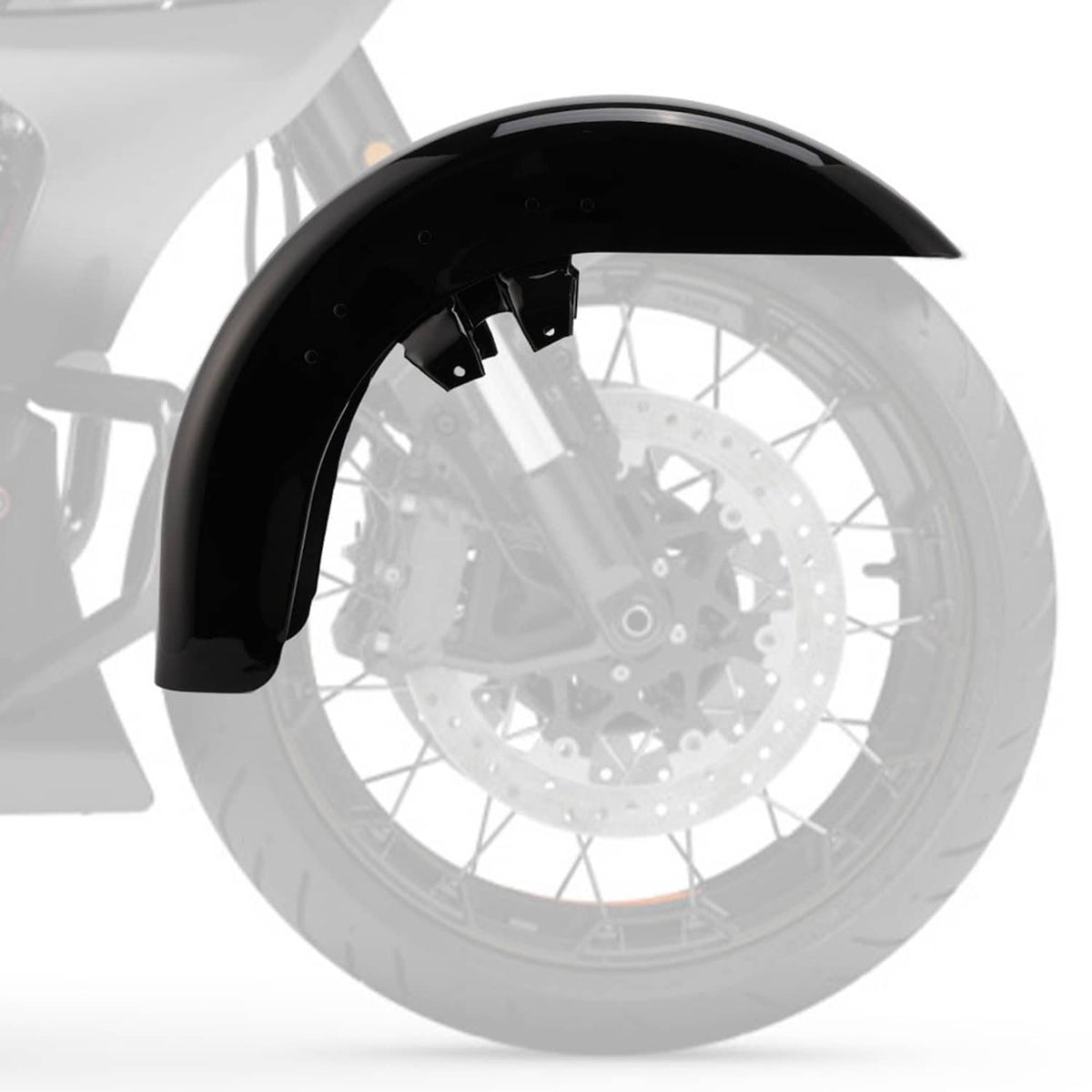 Vivid black front fender with curved coverage over the front wheel and brake rotor area