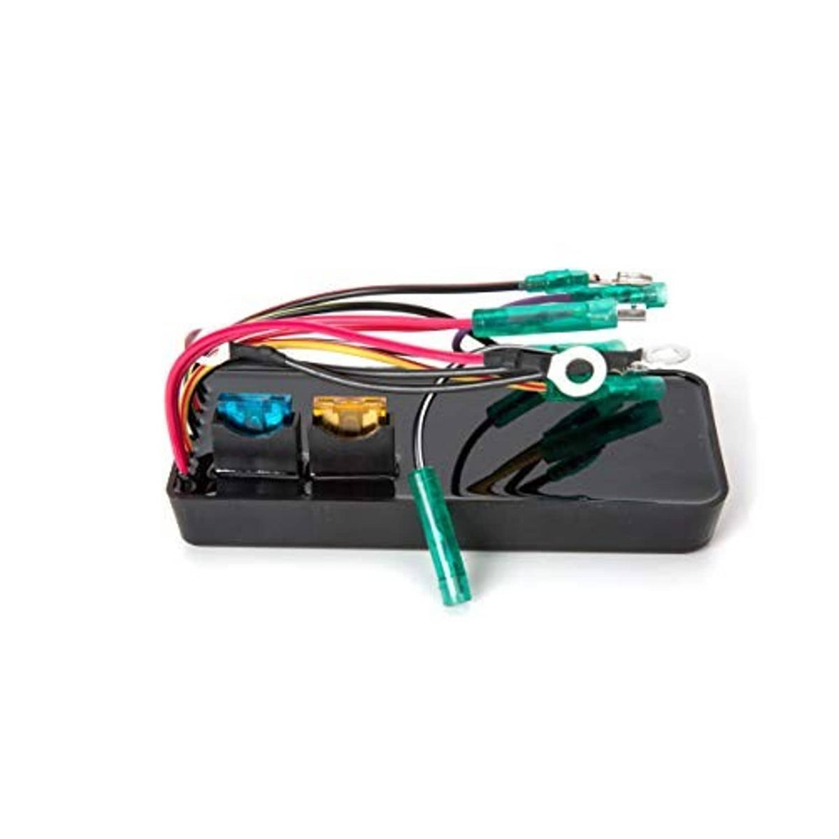 Jet ski CDI module, black housing with side-mounted terminals and colored wires