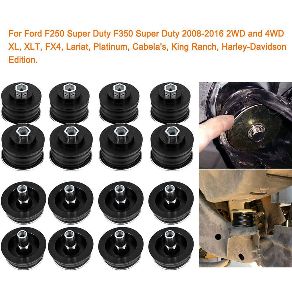 Assorted black bushings with hex-head studs and mounting plates