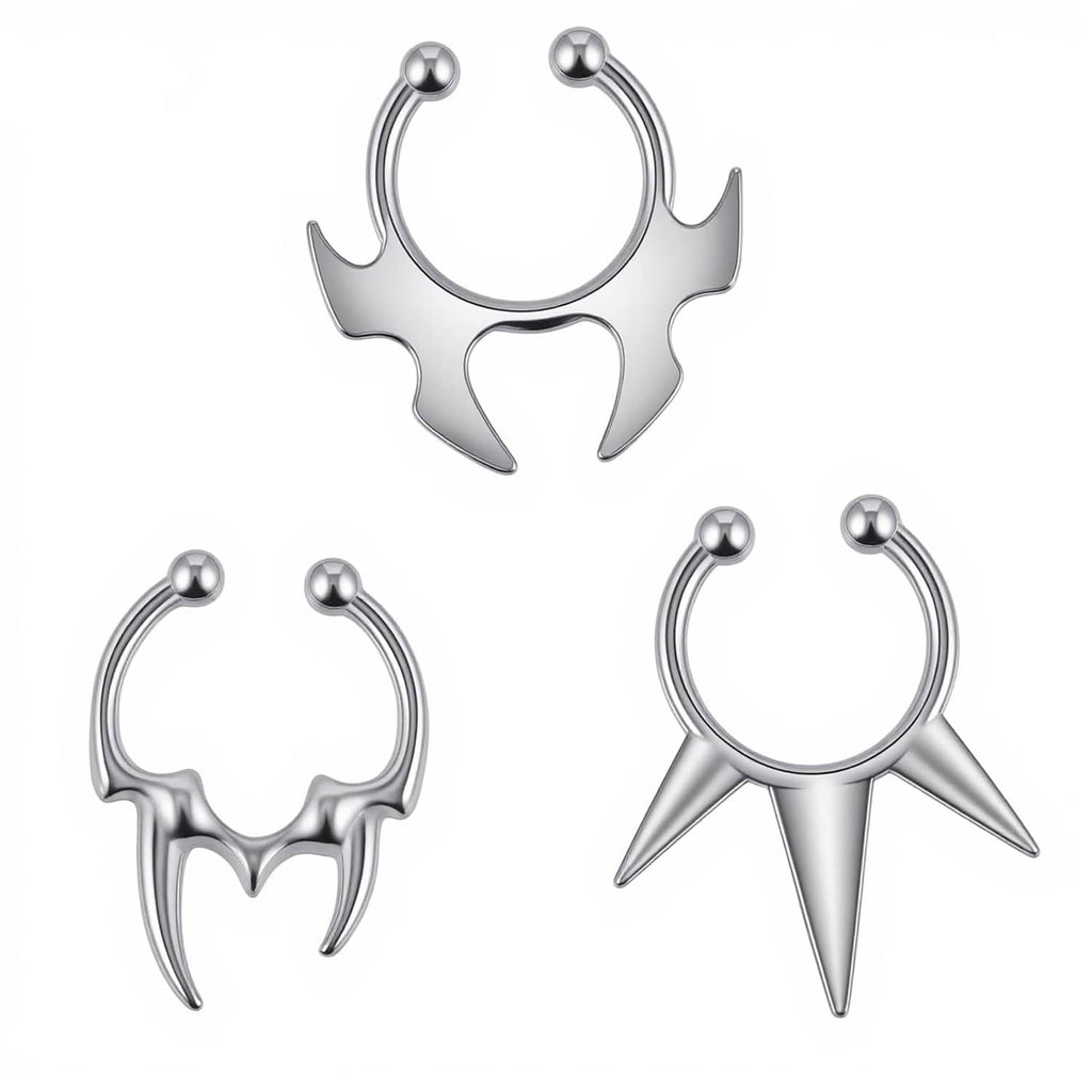 Silver non-piercing faux septum ring set with three spiked hoop designs