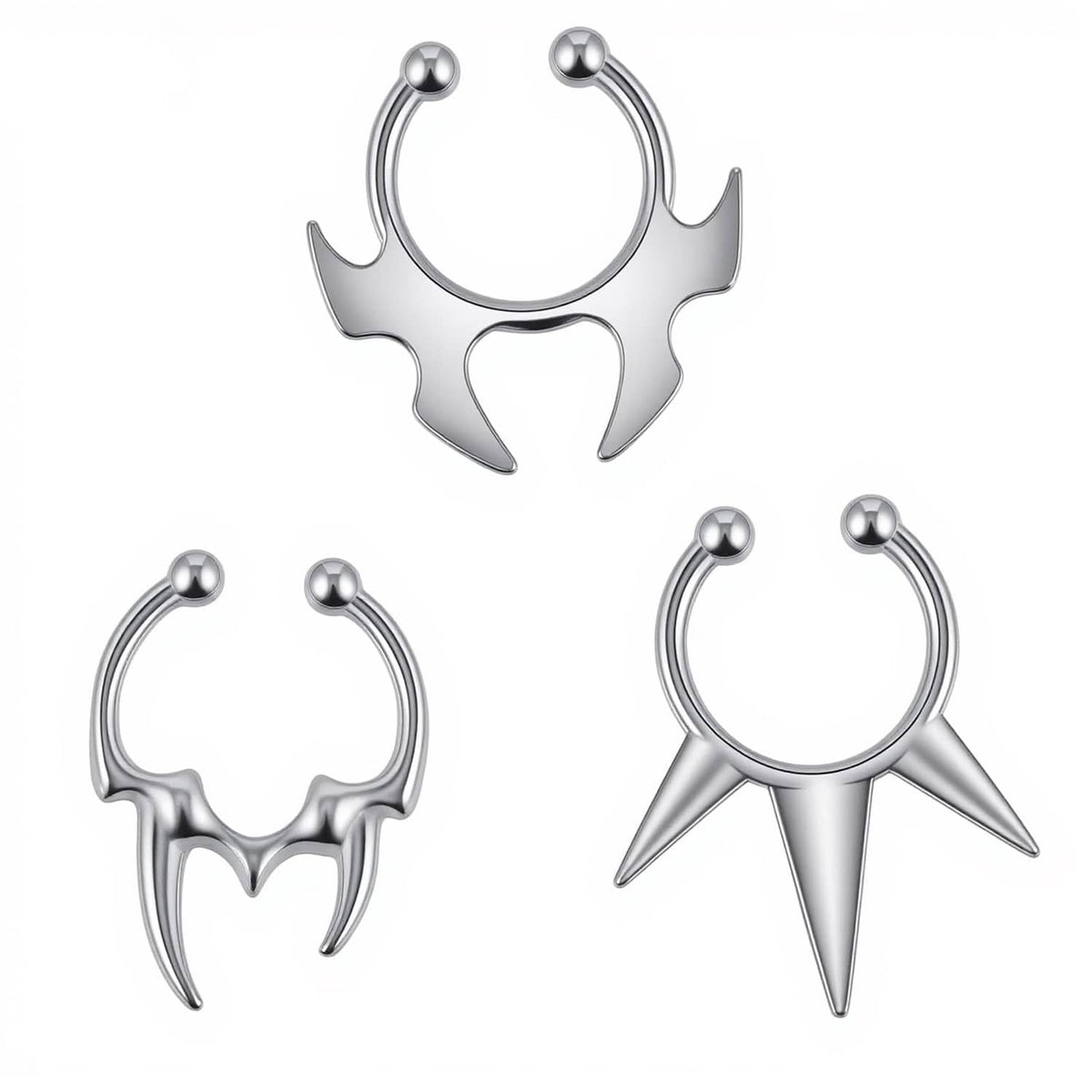 Silver non-piercing faux septum ring set with three spiked hoop designs