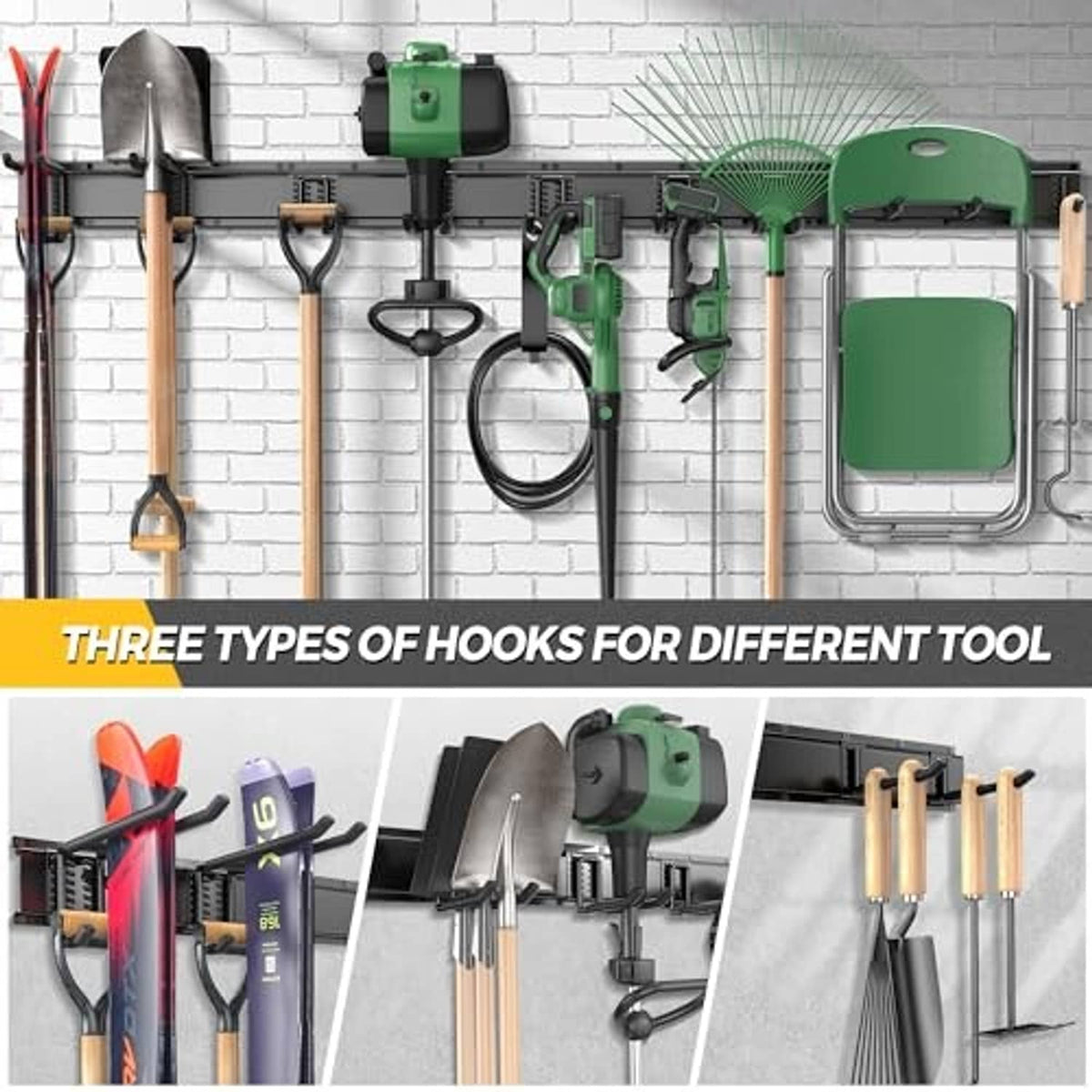 Wall-mount tool organizer with multiple hooks for garden tools, shears, and cords