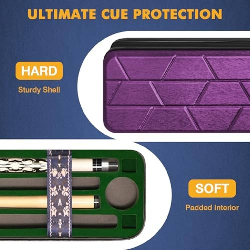 Purple hard pool cue case with textured shell and padded interior insert