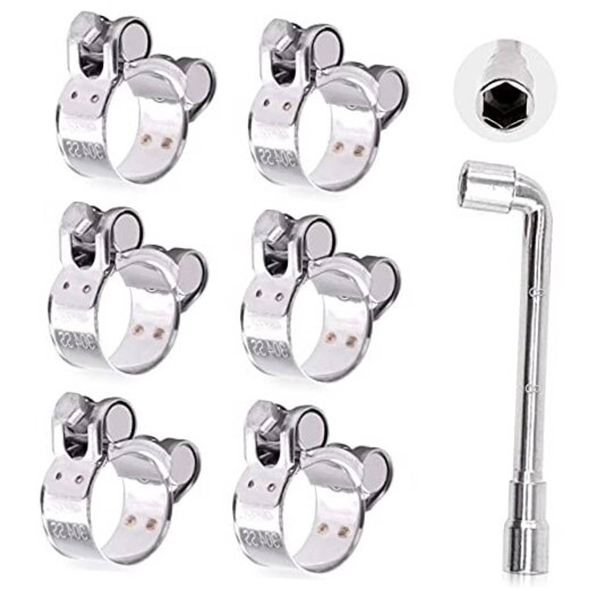 Stainless steel T-bolt hose clamp set with multiple clamps and hex drive bolt