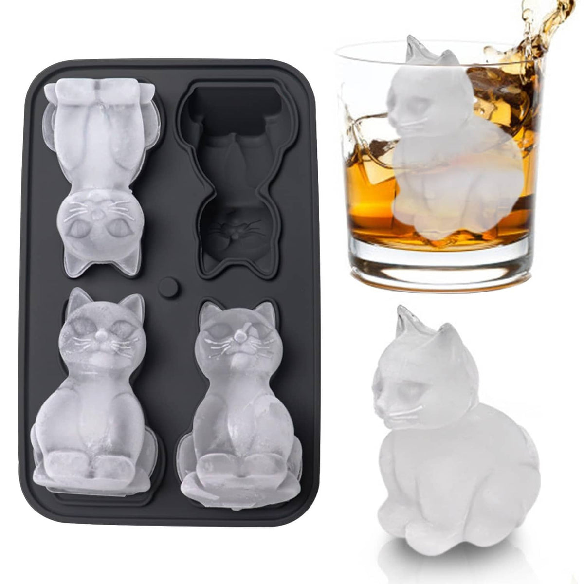Rectangular silicone ice mold tray with four 3D cat-shaped cavities, dark gray