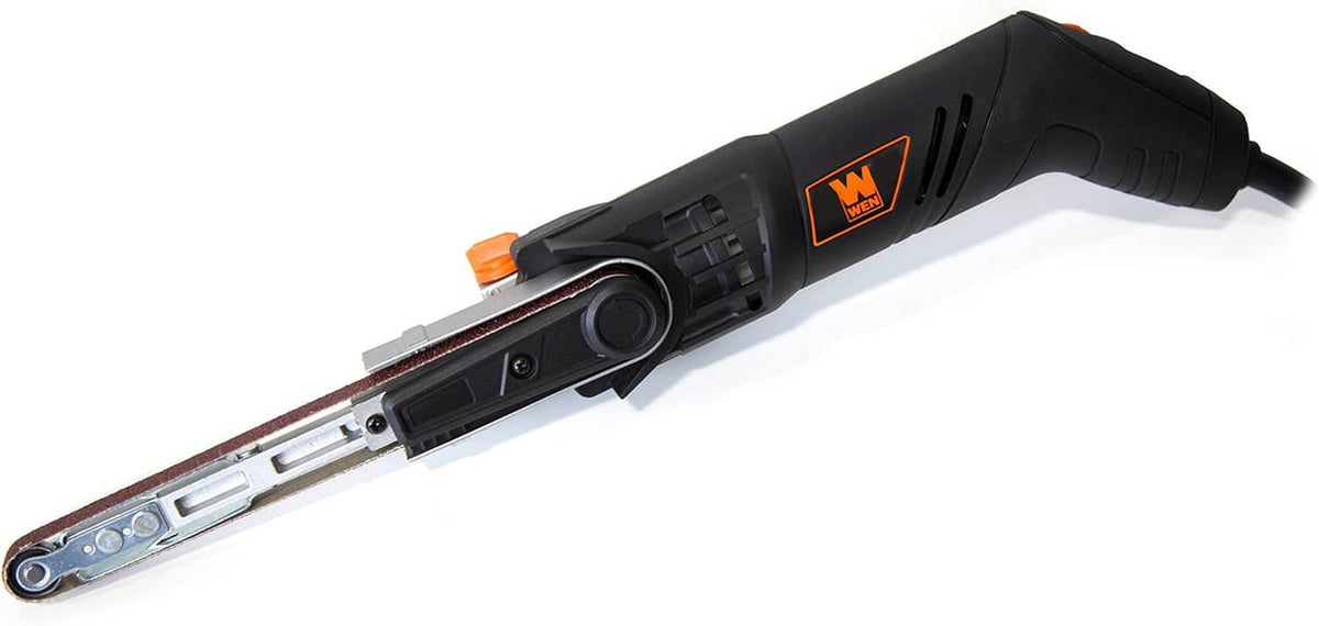 Variable speed file sander, close side profile with belt track and black housing