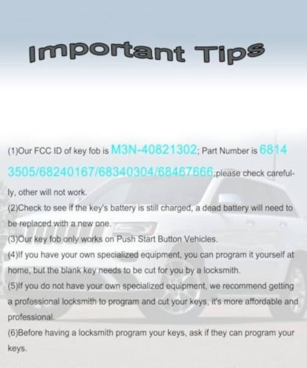 Important tips text for programming, battery check, and push-start compatibility