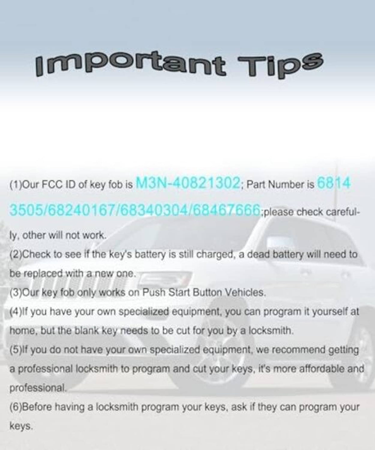 Important tips text for programming, battery check, and push-start compatibility