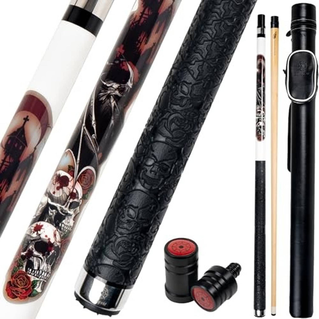 Pool cue set with two decorated cues, cue tip pieces, and hard cue case