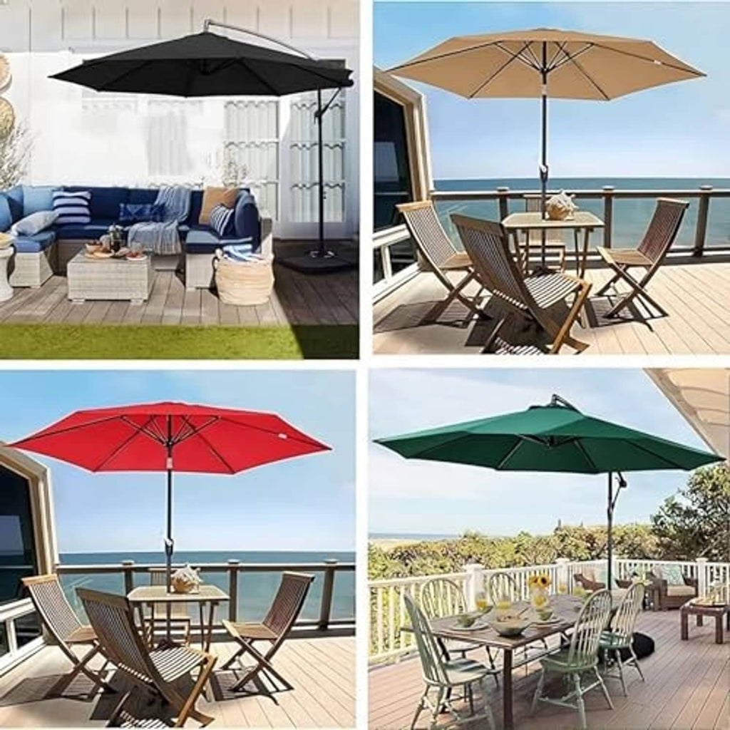 Outdoor patio umbrellas with canopy replacements displayed on a deck