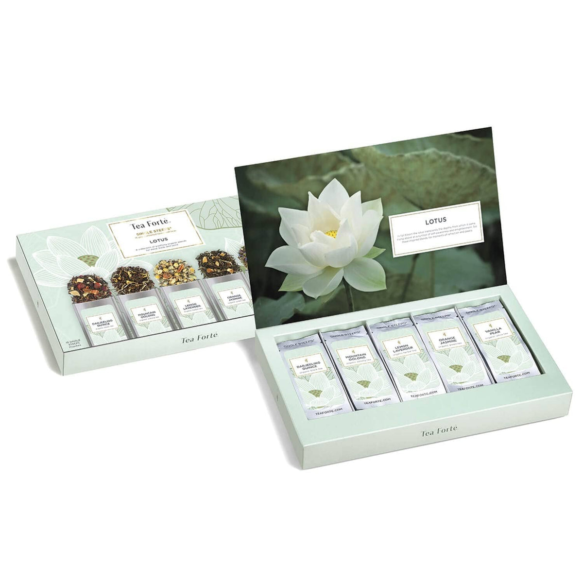 Open tea sampler set with loose tea sachets labeled and a lotus ingredient card