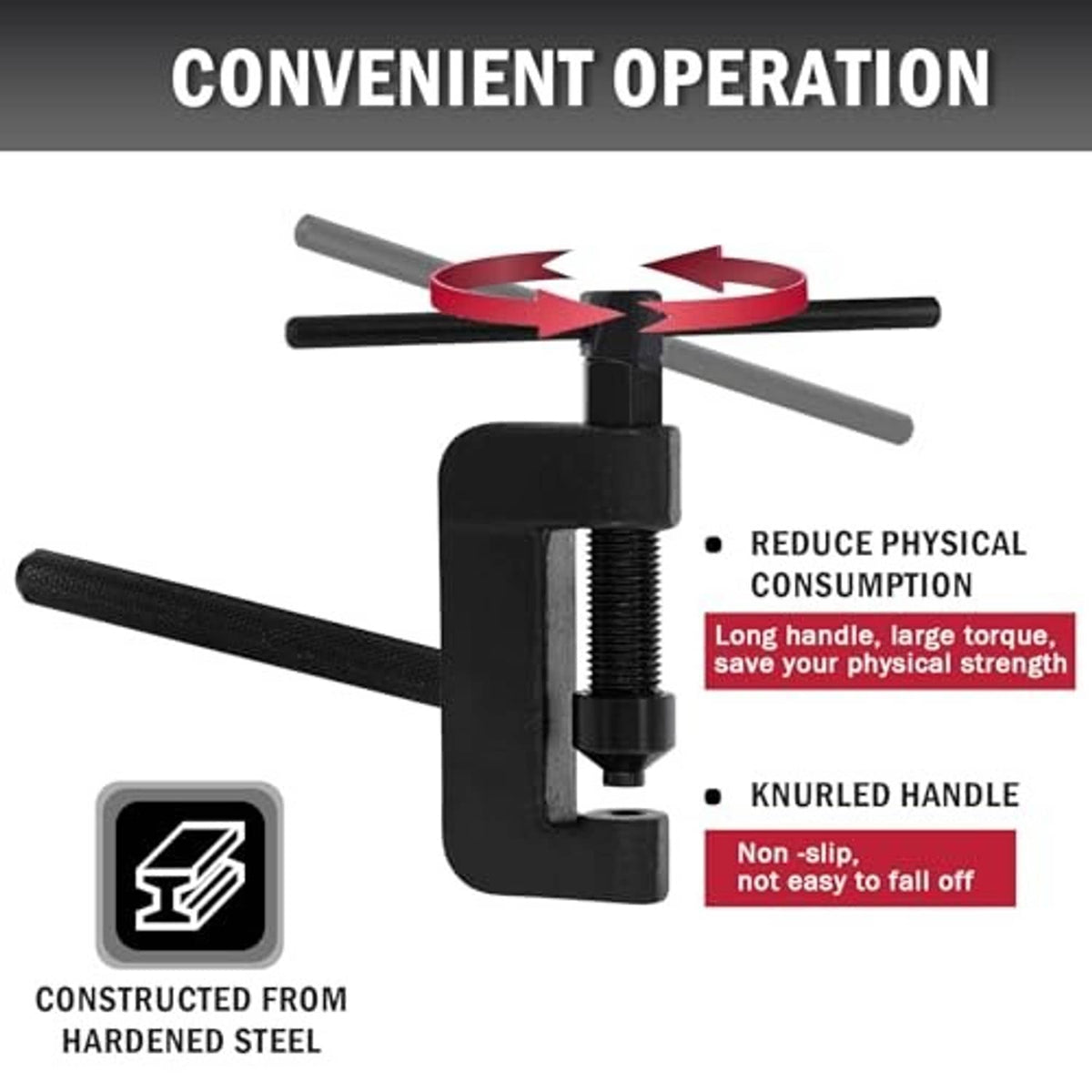 Chain breaker riveter tool with black knurled handle and long lever handles