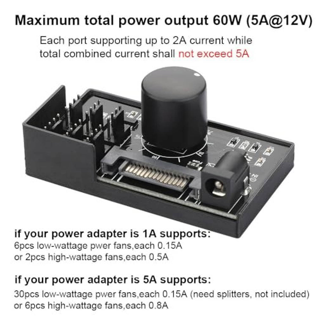 PWM fan controller hub showing max 60W output and resettable control knob on board