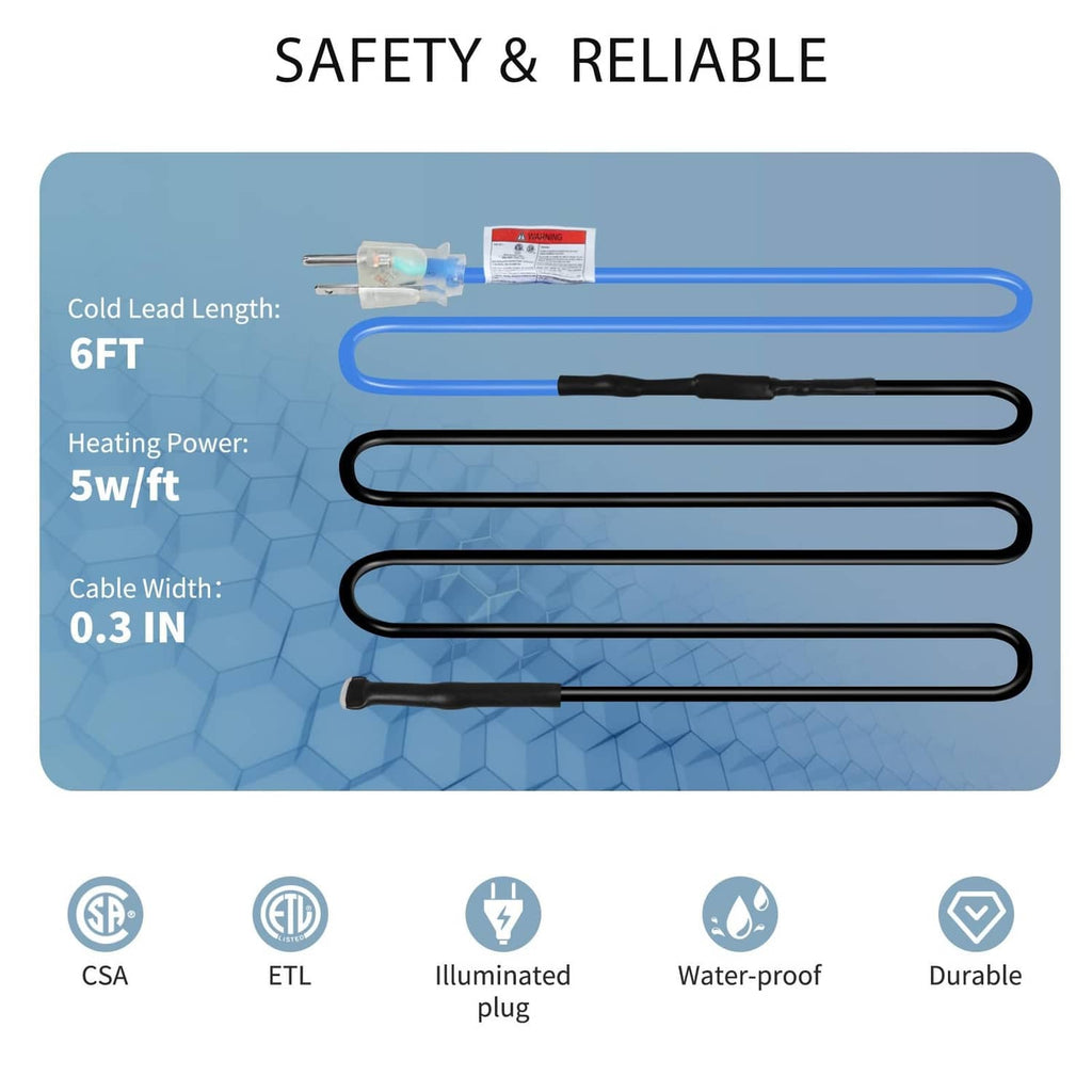 Safety spec graphic: 6 ft cold lead and 5W per ft heating cable