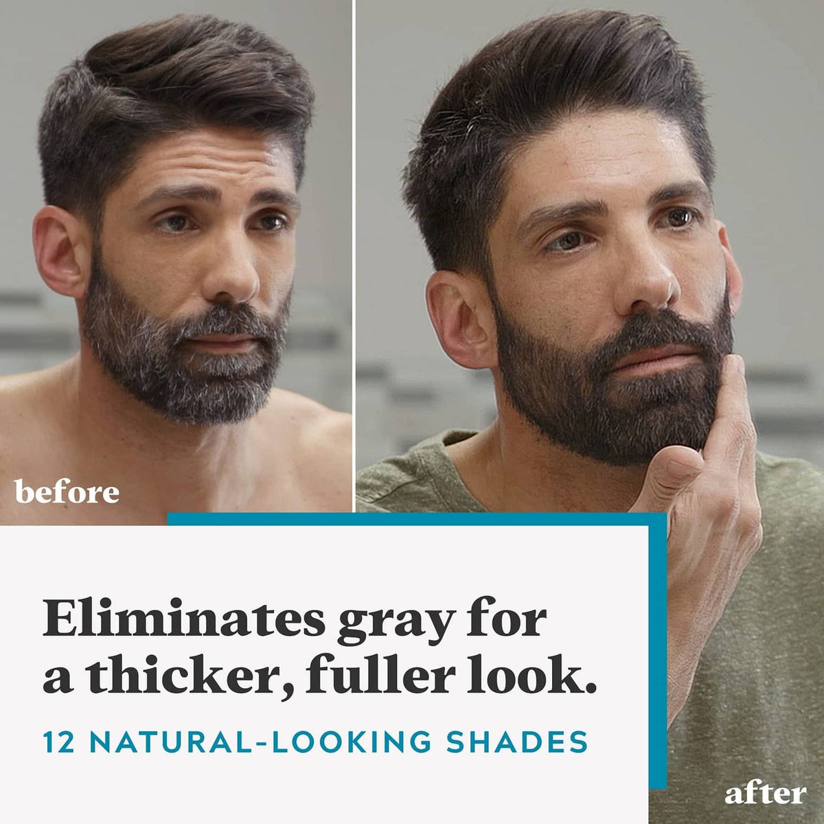 Before-and-after view of a man’s beard color, split composition with hand pose.