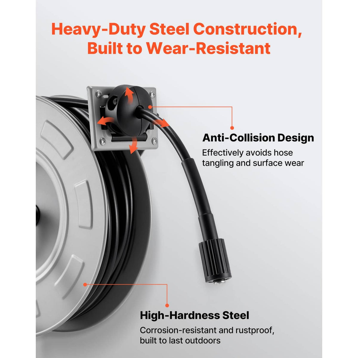 Retractable pressure washer hose reel showing anti-collision nozzle and hose
