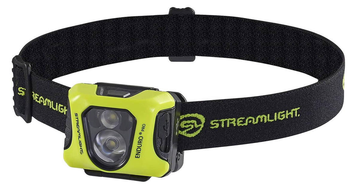 Yellow Streamlight headlamp with black fabric strap and front dual-light module