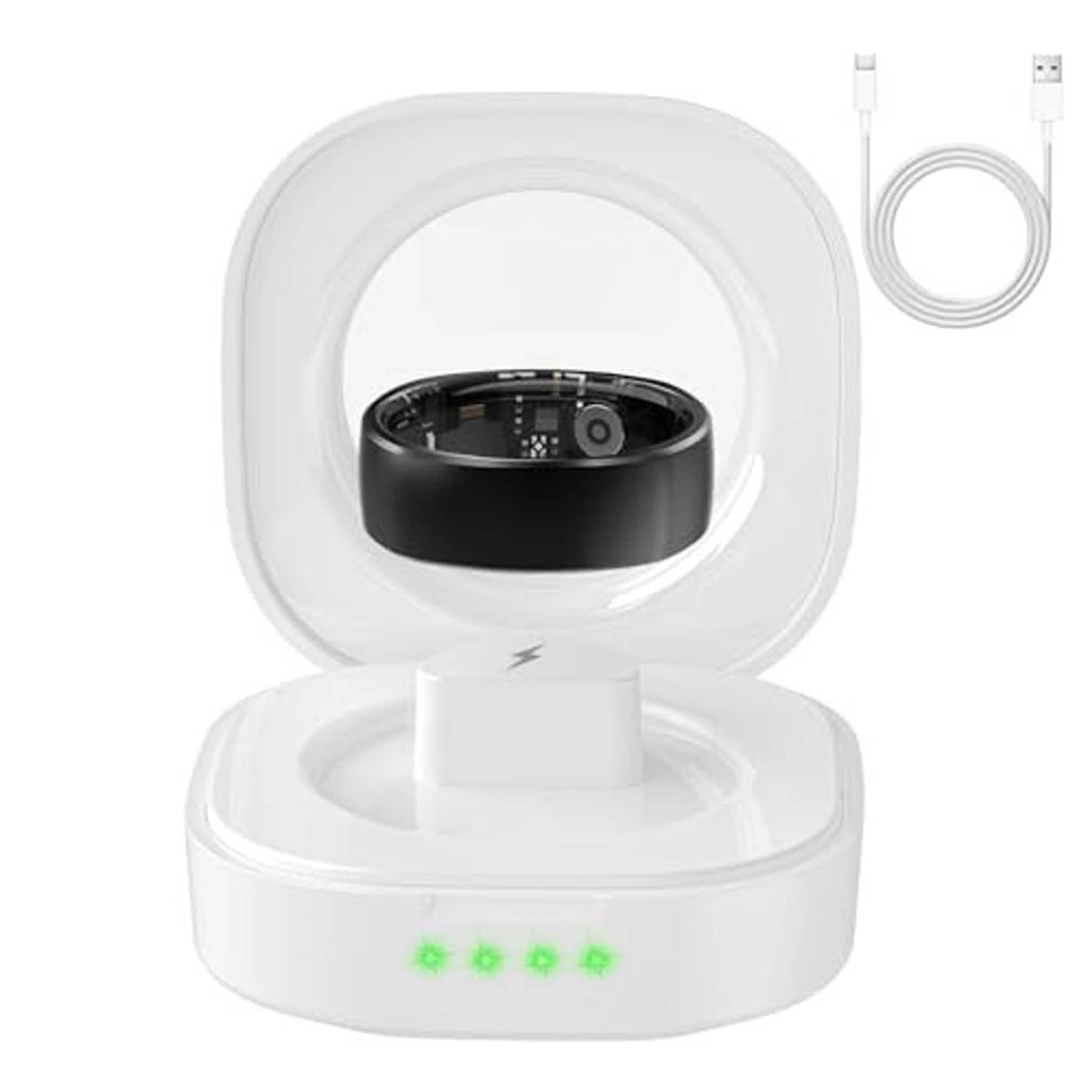 White smart ring charging case with open circular dock and ring cradle