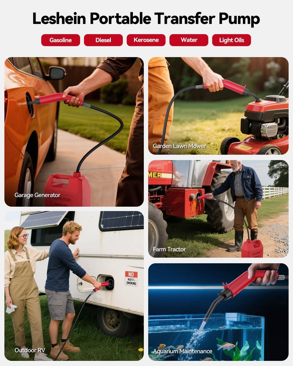 Red handheld fuel transfer pump shown in use with flexible black hose
