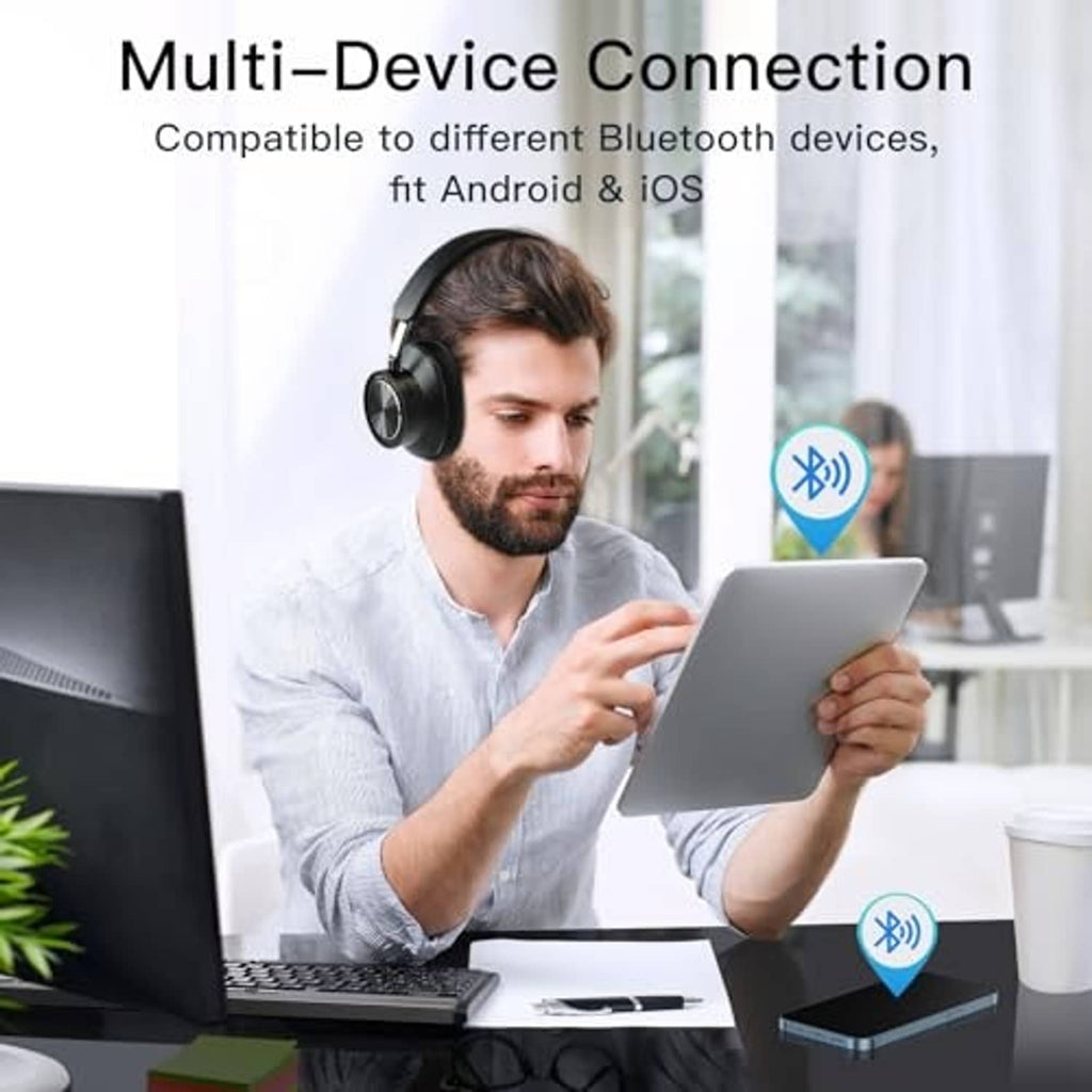 Wireless over-ear headphones shown in use with Bluetooth multi-device setup