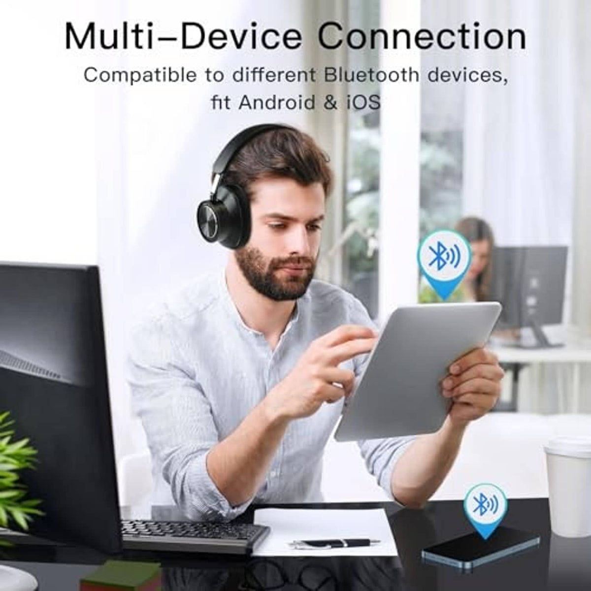 Wireless over-ear headphones shown in use with Bluetooth multi-device setup