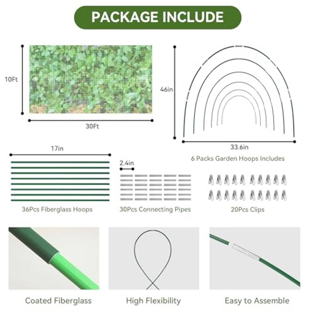 Included parts set with fiberglass hoops, connecting pipes, and clips for netting