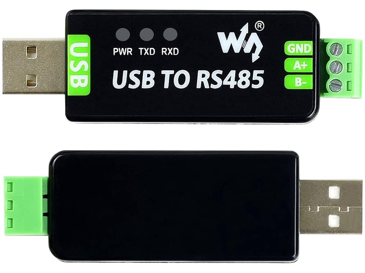 USB to RS485 adapter showing front and back views with green terminal blocks
