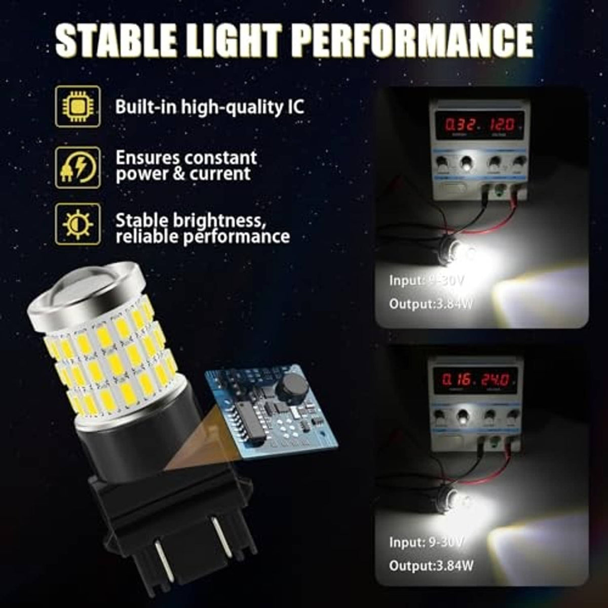 LED reverse light bulb with white LED chips and driver/control module, black plug base