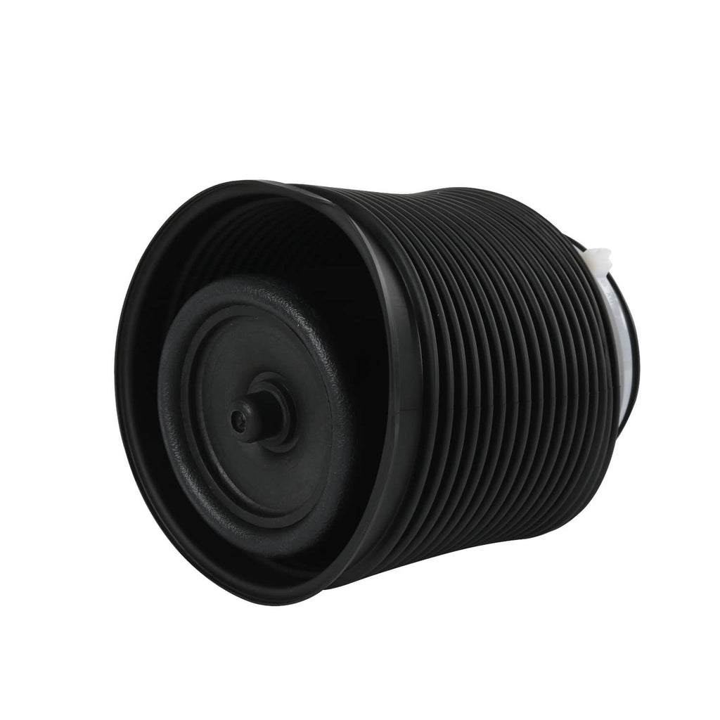 Black air spring bag with round mounting opening and ribbed rubber bellows