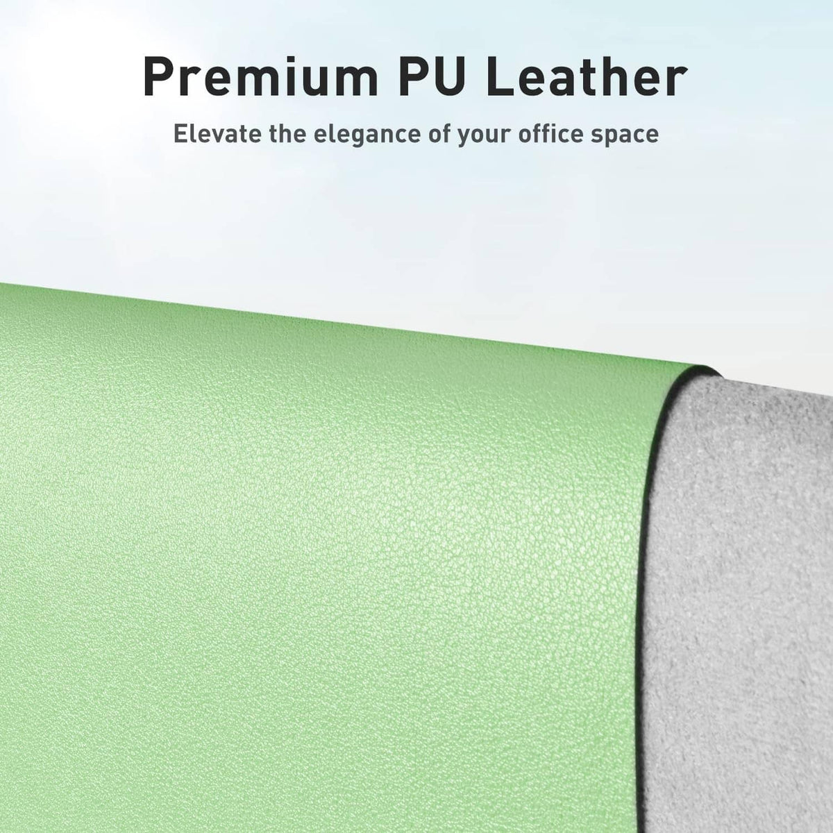 Green PU leather desk pad, textured finish with rounded corner edge