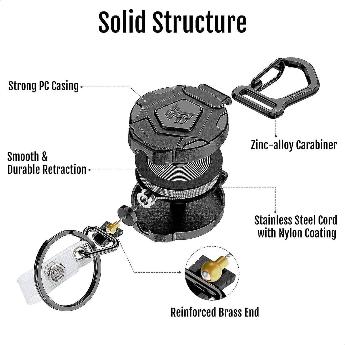 Black retractable keychain with carabiner, stainless cord, and white keyring tag