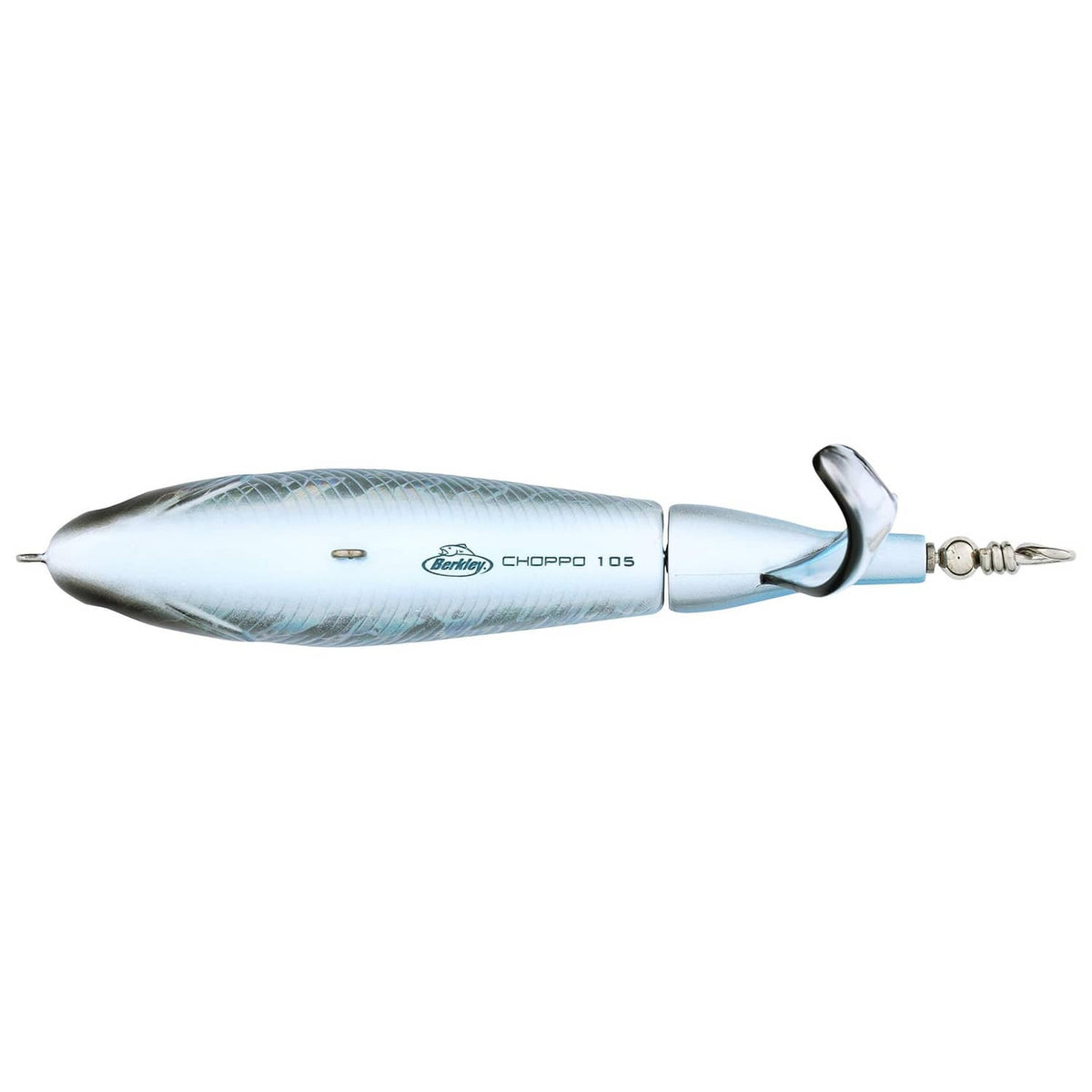 Silver-blue topwater bullet fishing lure with treble hooks and split rings