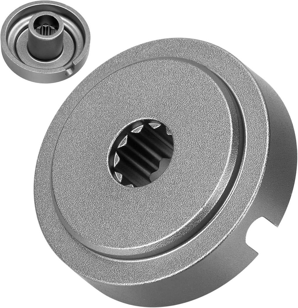 Grass trimmer adapter plate in dark gray with central ribbed drive hole