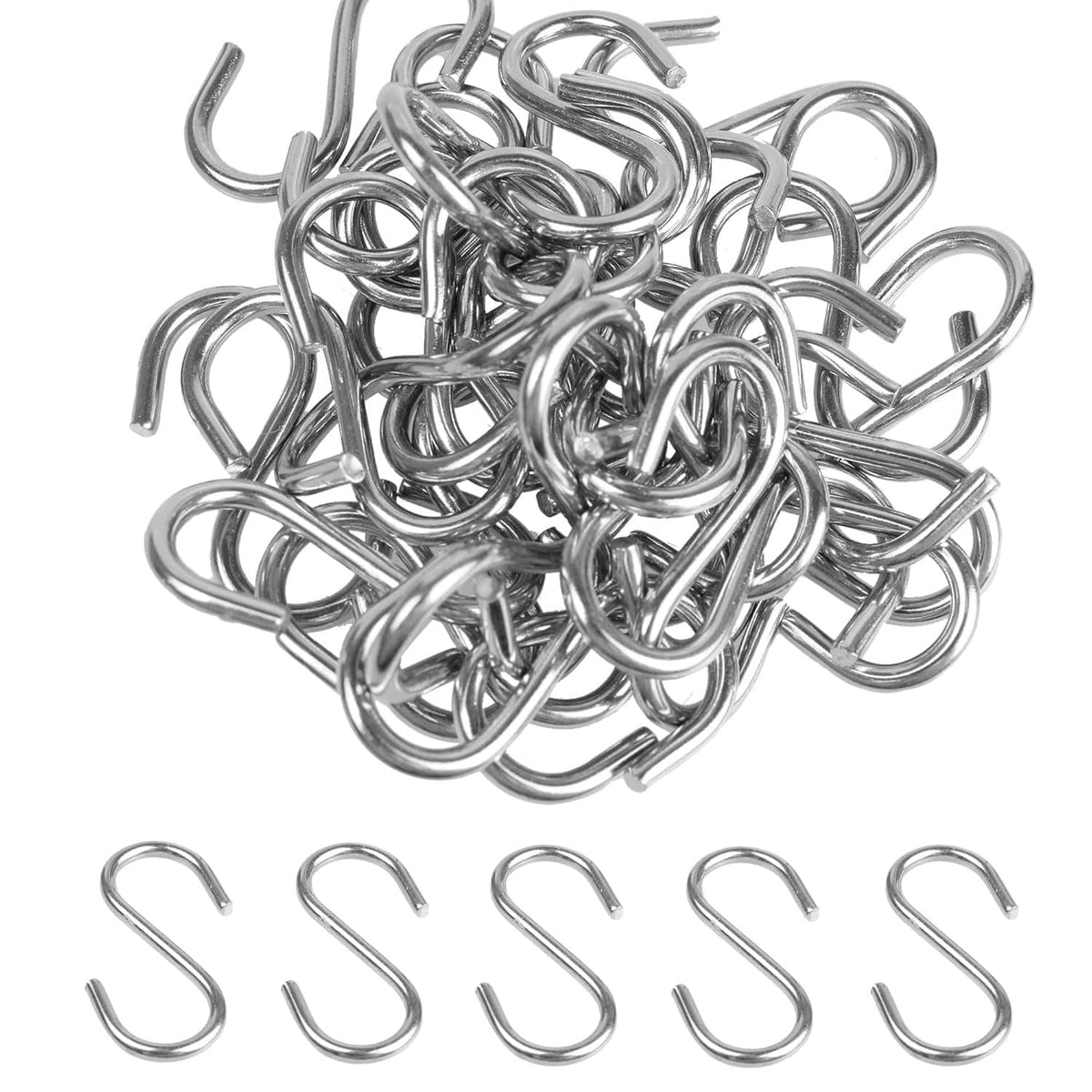Set of shiny stainless steel S hooks with several separate hooks below